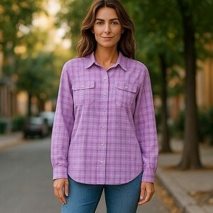 Duluth Trading Co. Purple Plaid Vented Button Down Shirt Women Size Extra Large